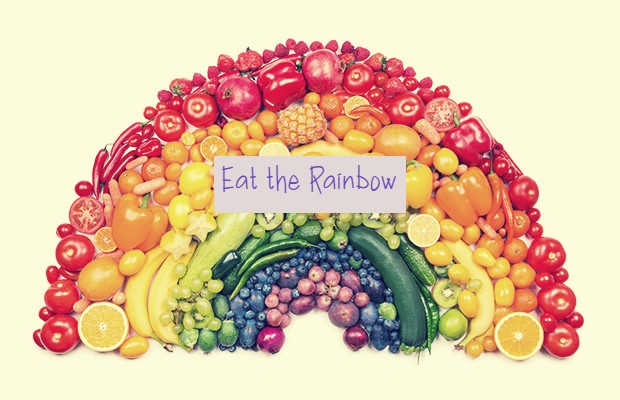 A rainbow made of fruits and vegetables