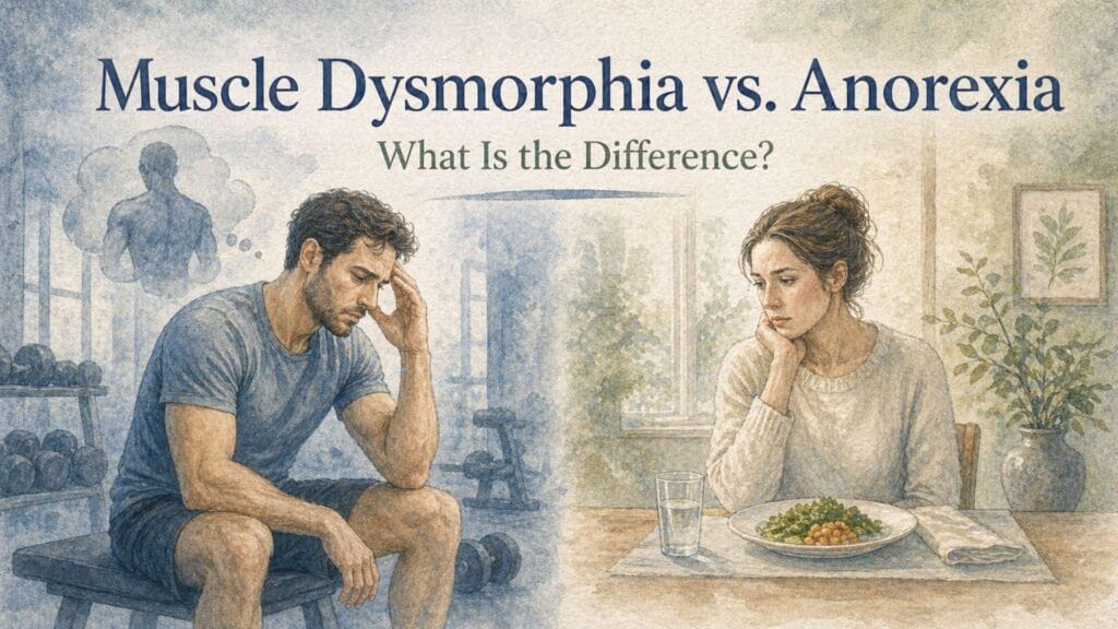 Illustration of a man and woman at a table with worried expressions, gym equipment in the background and a title reading 'Muscle Dysmorphia vs. Anorexia'.] ,