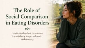 Hero image showing the article title 'The Role of Social Comparison in Eating Disorders' with a thoughtful woman outdoors to the right.