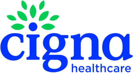 Cigna Healthcare logo: blue 'cigna' wordmark with a green leaf cluster above a blue dot.
