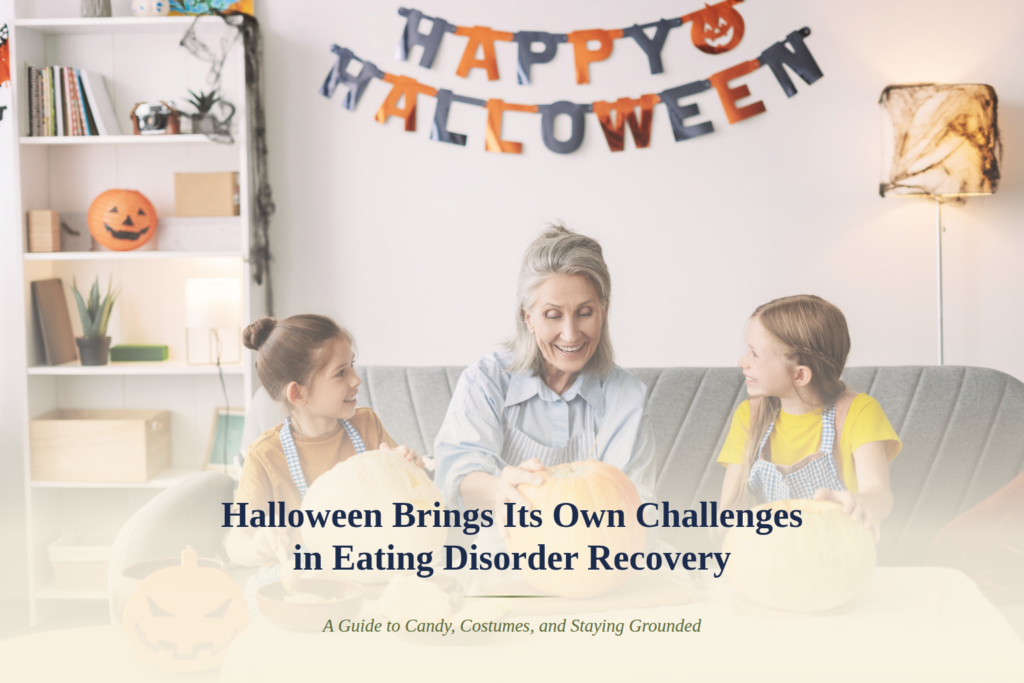 Grandmother and two granddaughters carving pumpkins together at home for Halloween