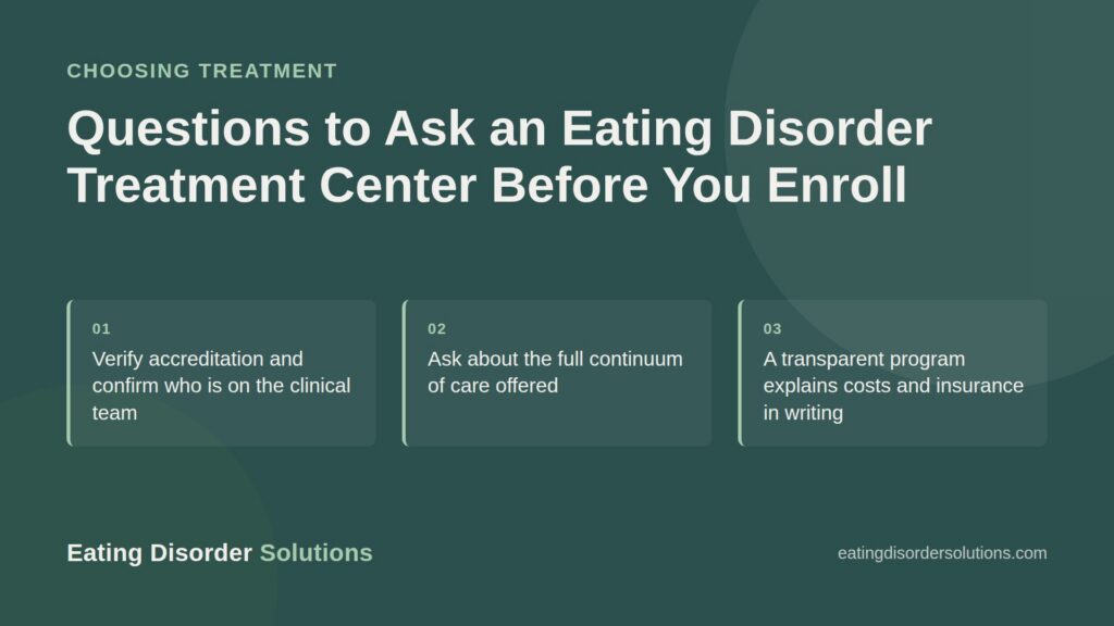 Featured image listing key questions to ask an eating disorder treatment center before enrolling