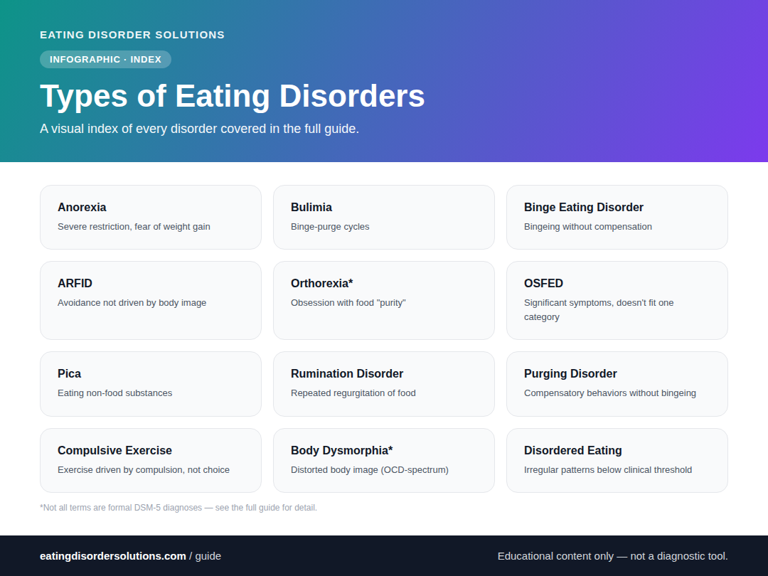 A visual grid index of twelve eating disorder and related condition types, each with a short descriptor.